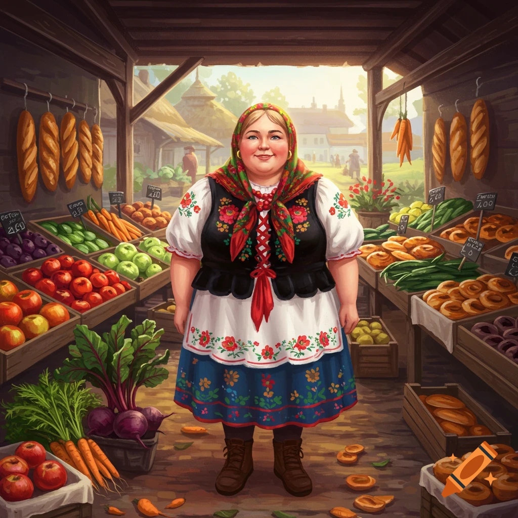A smiling, chubby Polish woman in traditional folk dress stands among market stalls filled with fresh fruits, vegetables, and baked goods in a vibrant, painterly style.