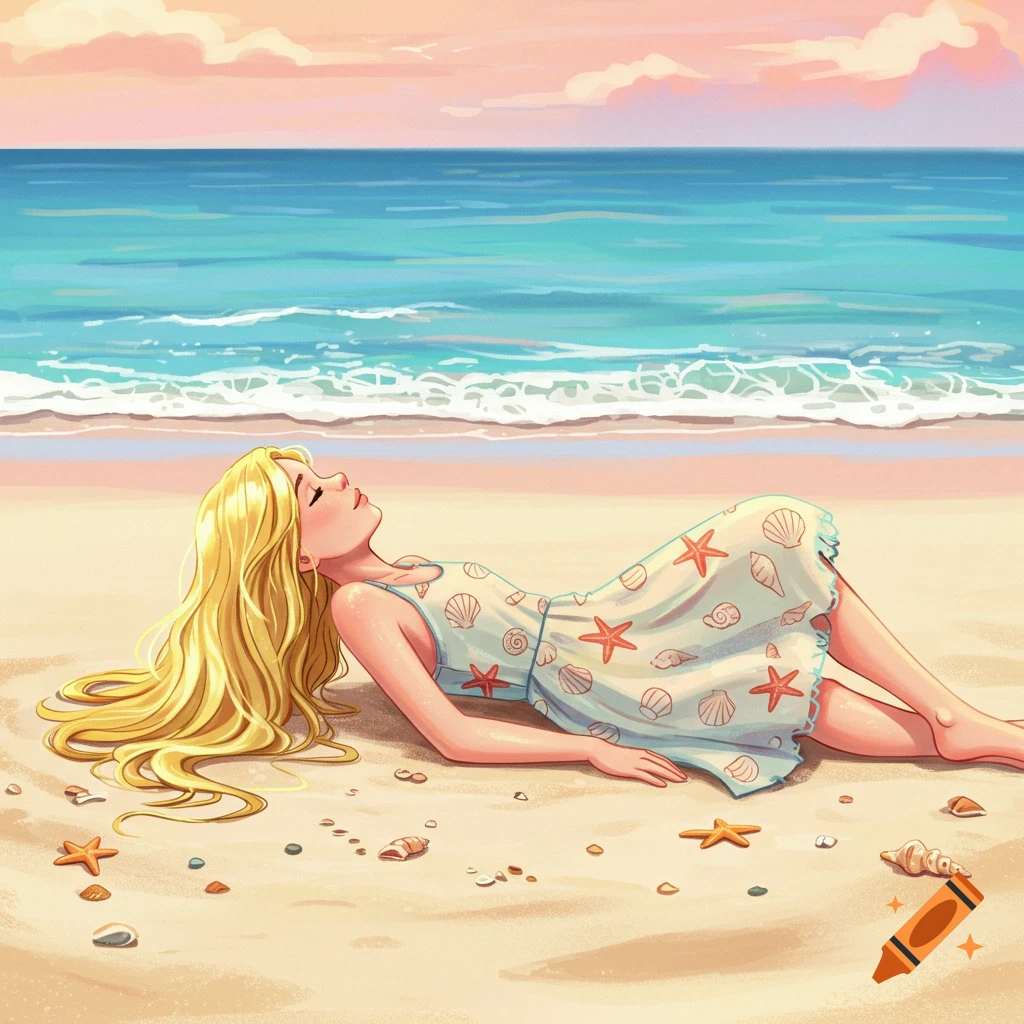 A blonde girl in a patterned dress lies on a sandy beach with seashells and starfish, facing the blue ocean under a pink sky. Illustrated style.