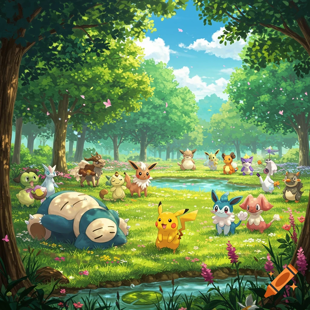 An illustration of many Pokémon characters, including Pikachu, Snorlax, and Eevee, gathered in a sunny, green forest with a small stream.