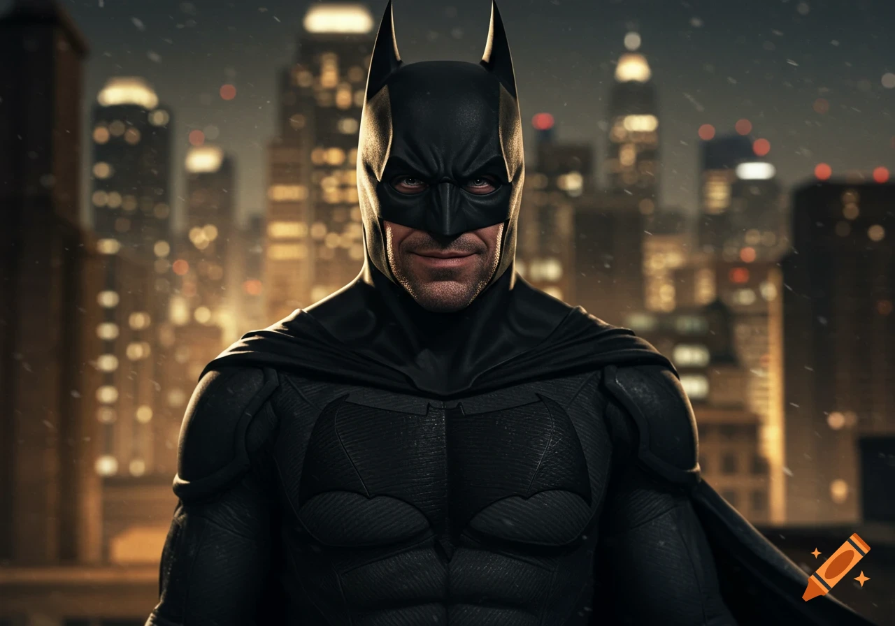 A photorealistic image of Batman smiling, standing against a blurred Gotham City skyline at night.