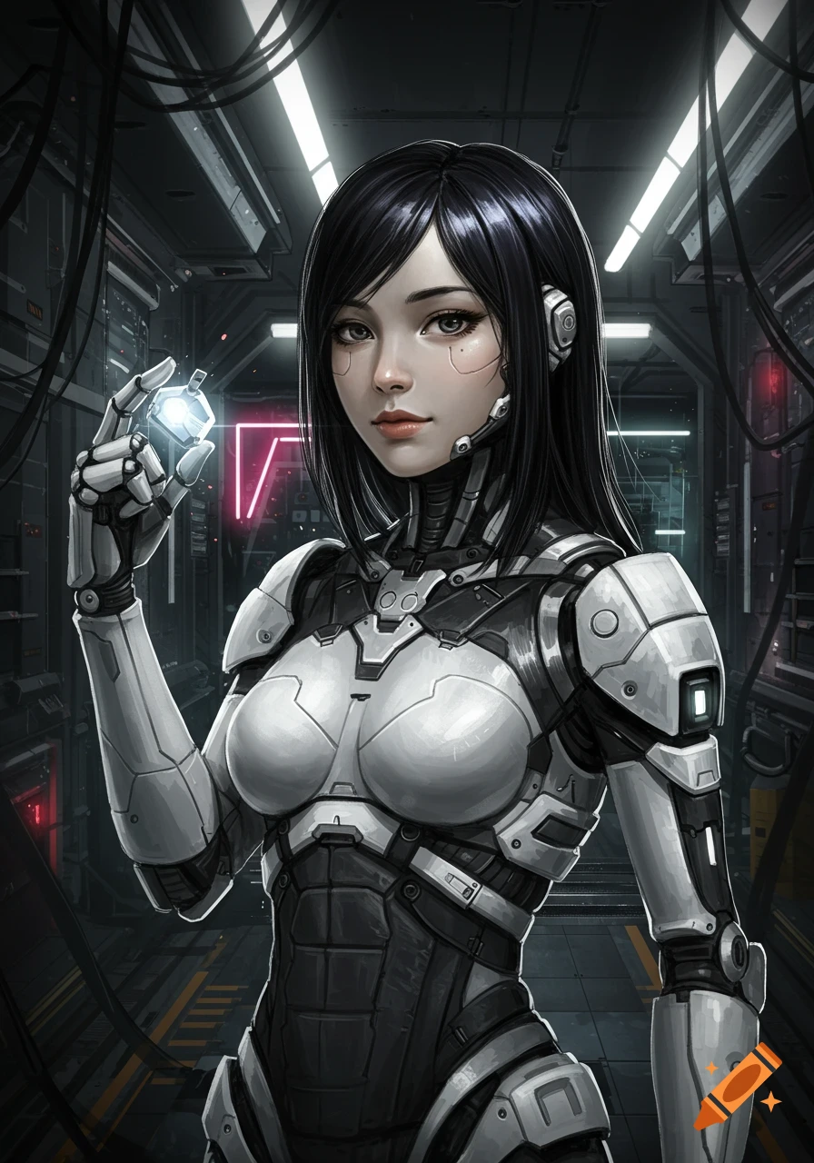 A photorealistic digital painting of a female cyborg with black hair, holding a glowing object in a dark, futuristic setting.