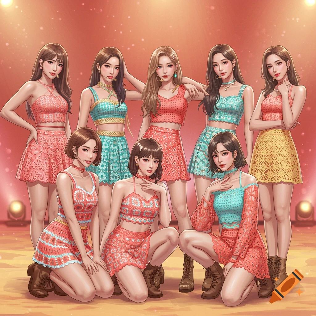 Six anime-style young women, a K-pop girl group, pose on a stage in colorful, crochet-inspired outfits.