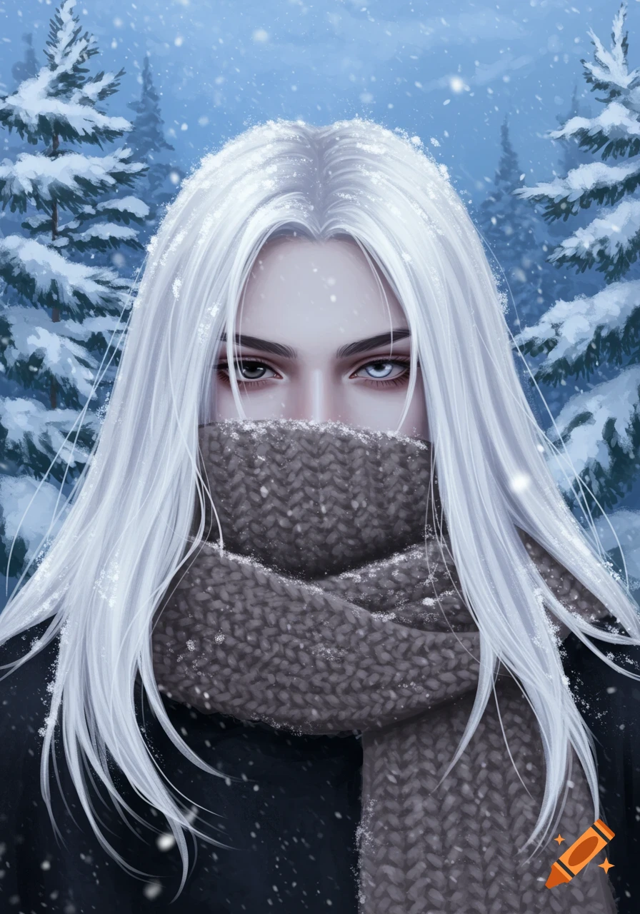 A fantasy digital art portrait of a person with long white hair and striking eyes, partially covered by a knitted scarf in a snowy forest.