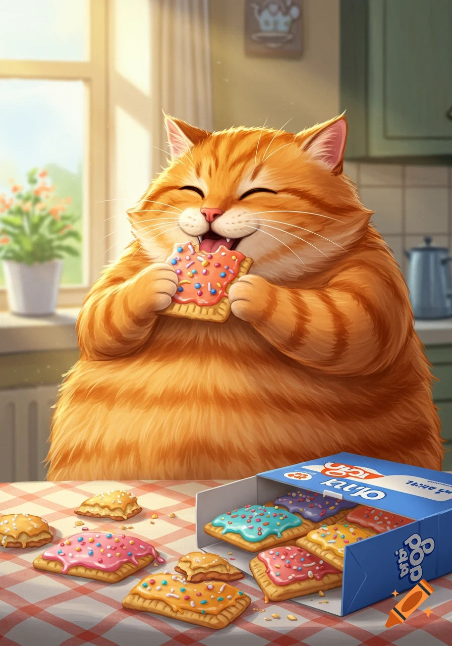 A happy, plump orange cat joyfully eats a pink frosted pop tart with sprinkles in a bright kitchen, with a box of colorful pop tarts on the table.