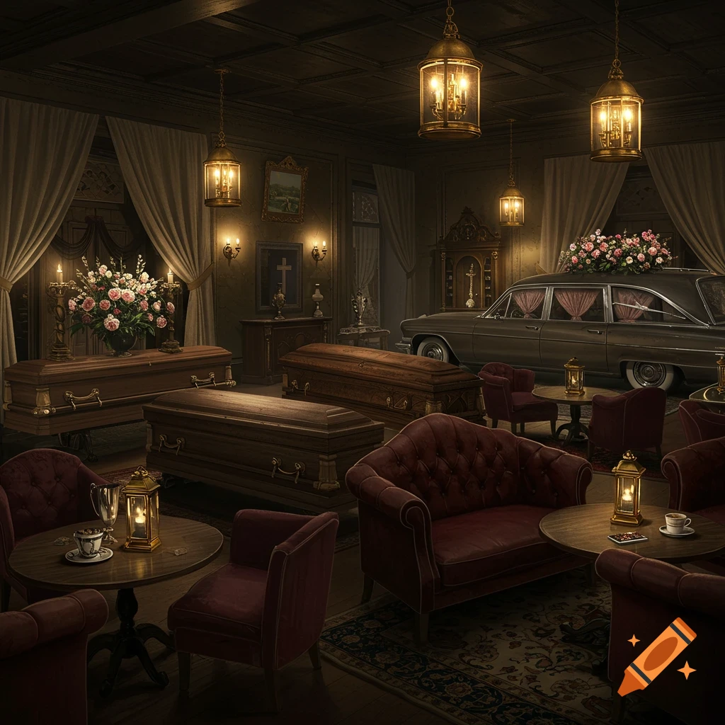 An ornate, dimly lit funeral home interior with caskets, a hearse, and velvet seating, styled as a gothic coffee house.
