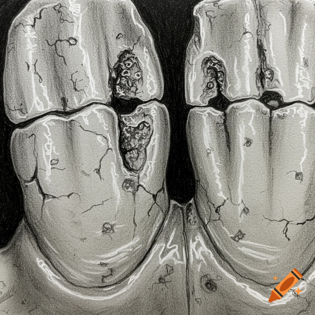 Close-up pencil drawing of two cracked and decaying human teeth, with detailed cracks and shadows.