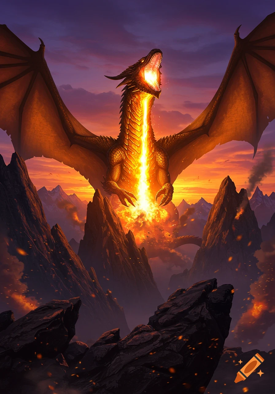 A large dragon with outstretched wings breathes a powerful stream of fire over rocky mountain peaks under a dramatic sunset sky.