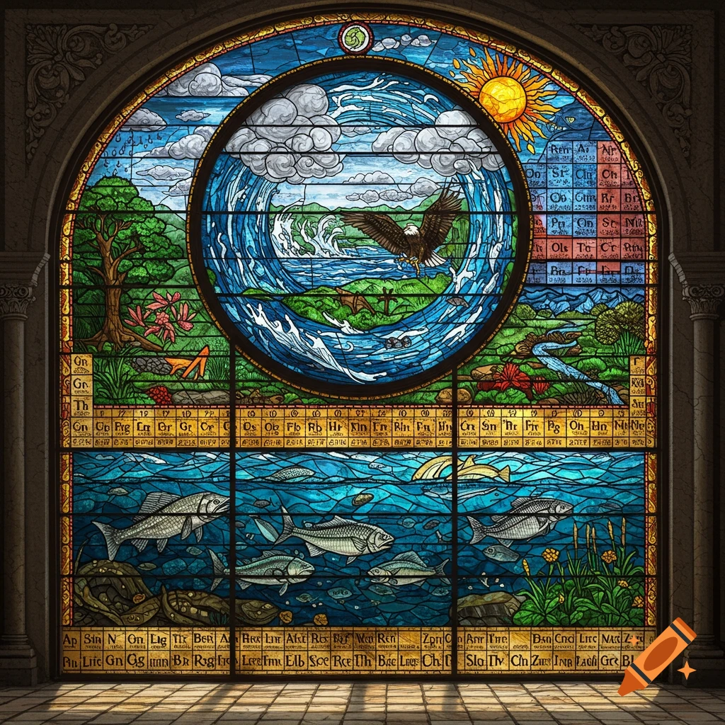 A vibrant stained glass window depicting the water cycle with a central circular design featuring an eagle, mountains, and water. Borders contain stylized periodic table elements, and the lower section shows fish in water.