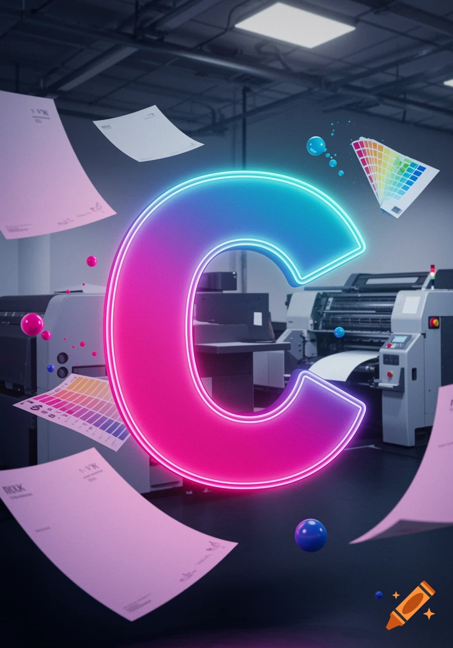 A vibrant, glowing neon letter 'C' in gradients of pink, purple, and blue, set against a blurred background of a printing factory with floating papers, color swatches, and colorful spheres.
