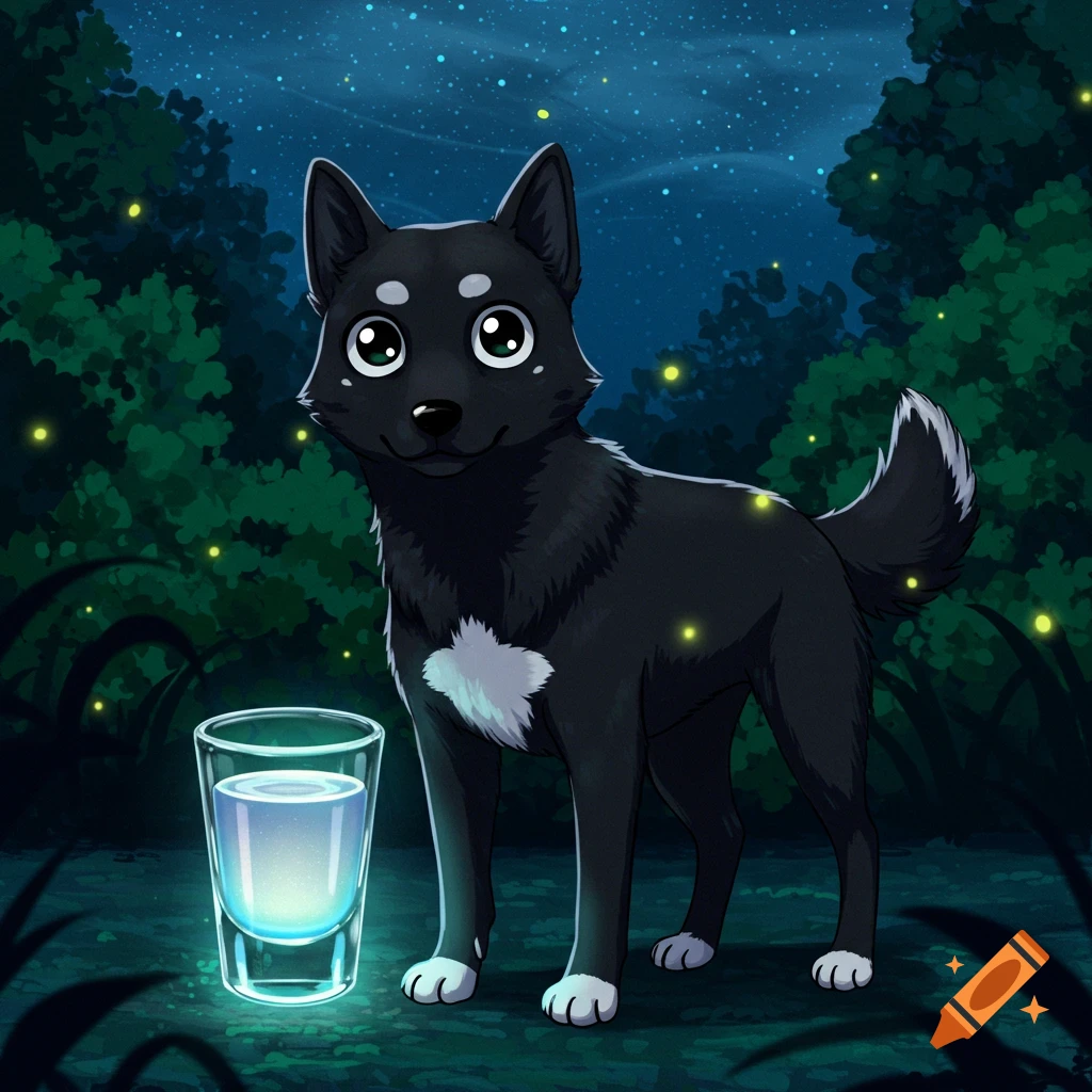 An anime-style black dog with white paws and chest stands next to a glowing shot glass in a firefly-lit forest at night.