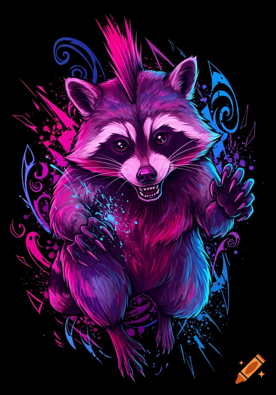 Stylized neon art of a purple and pink raccoon with a mohawk, grinning amidst abstract splatters.