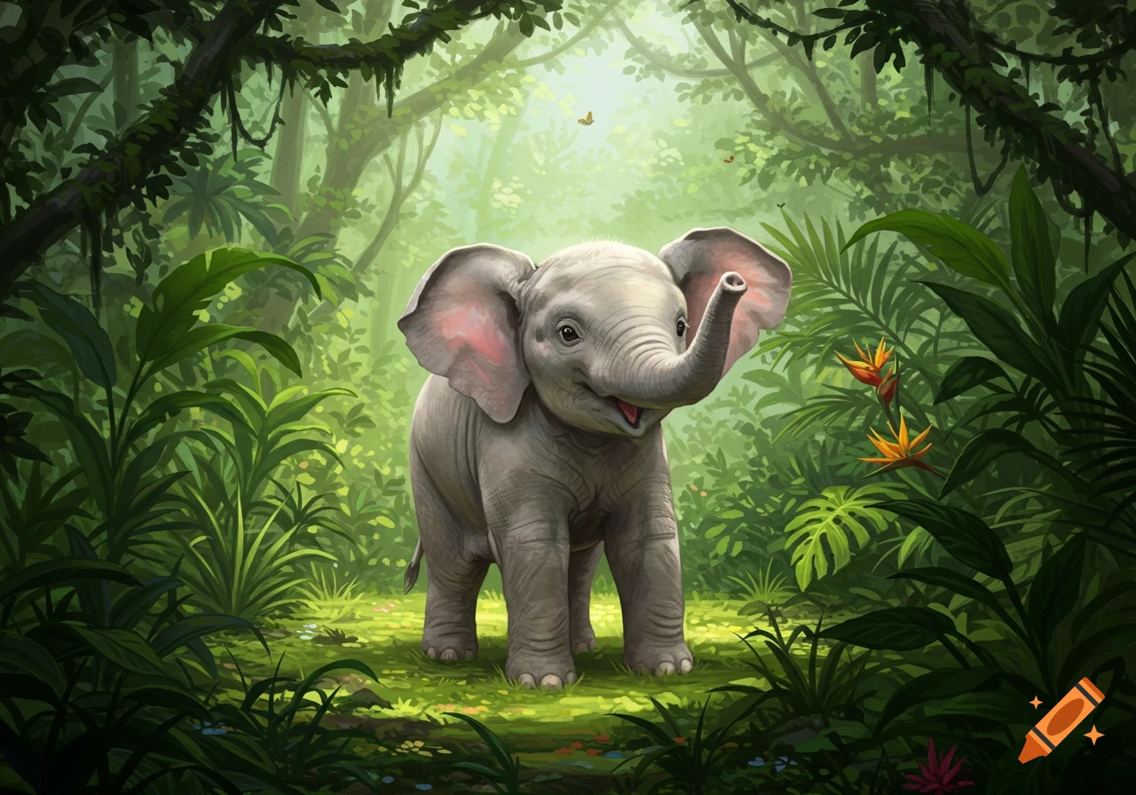 A cute baby elephant with big ears and a raised trunk smiles in a lush green jungle environment with trees and foliage.