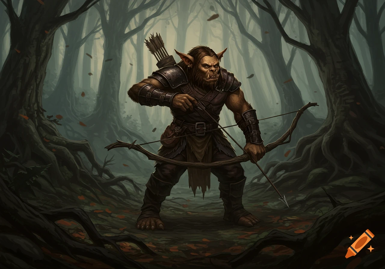 A formidable orc-like archer in leather armor stands with a bow and arrow in a dark forest.