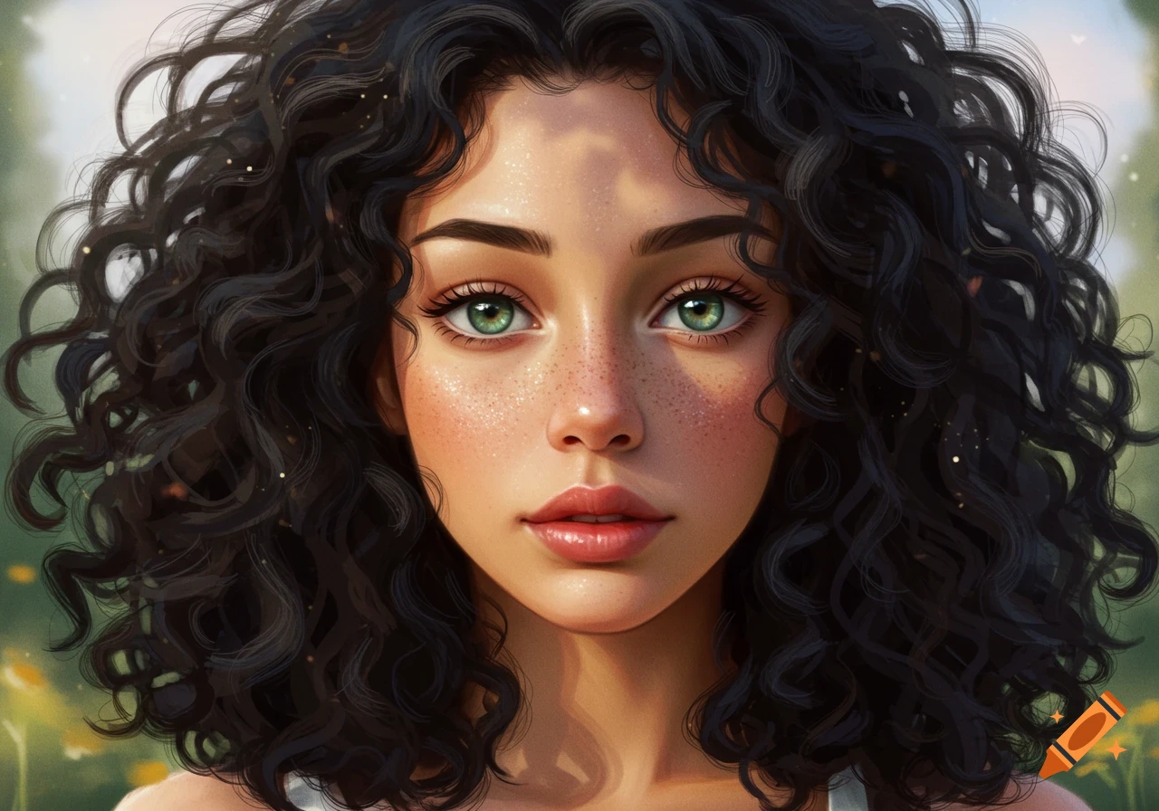 Close-up digital art portrait of a young woman with dark curly hair, green eyes, and freckles.