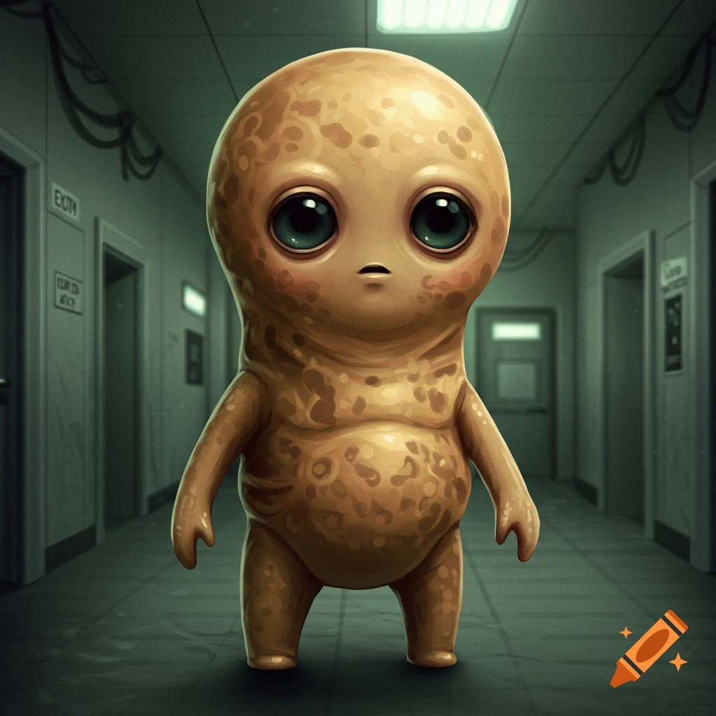 A cute, peanut-shaped creature with large eyes and stubby arms stands in a dimly lit hallway.
