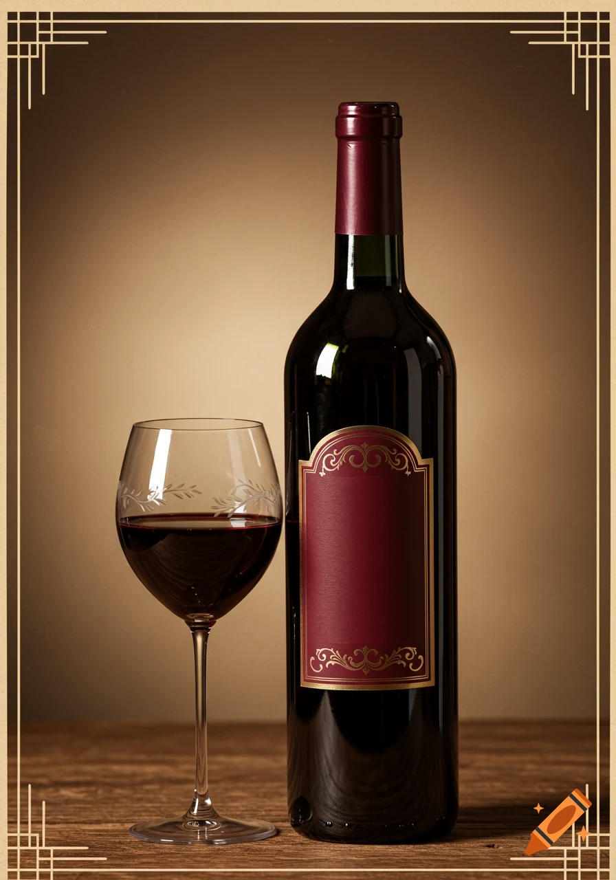 A vintage poster-style image of a red wine bottle and a wine glass filled with red wine on a wooden surface.