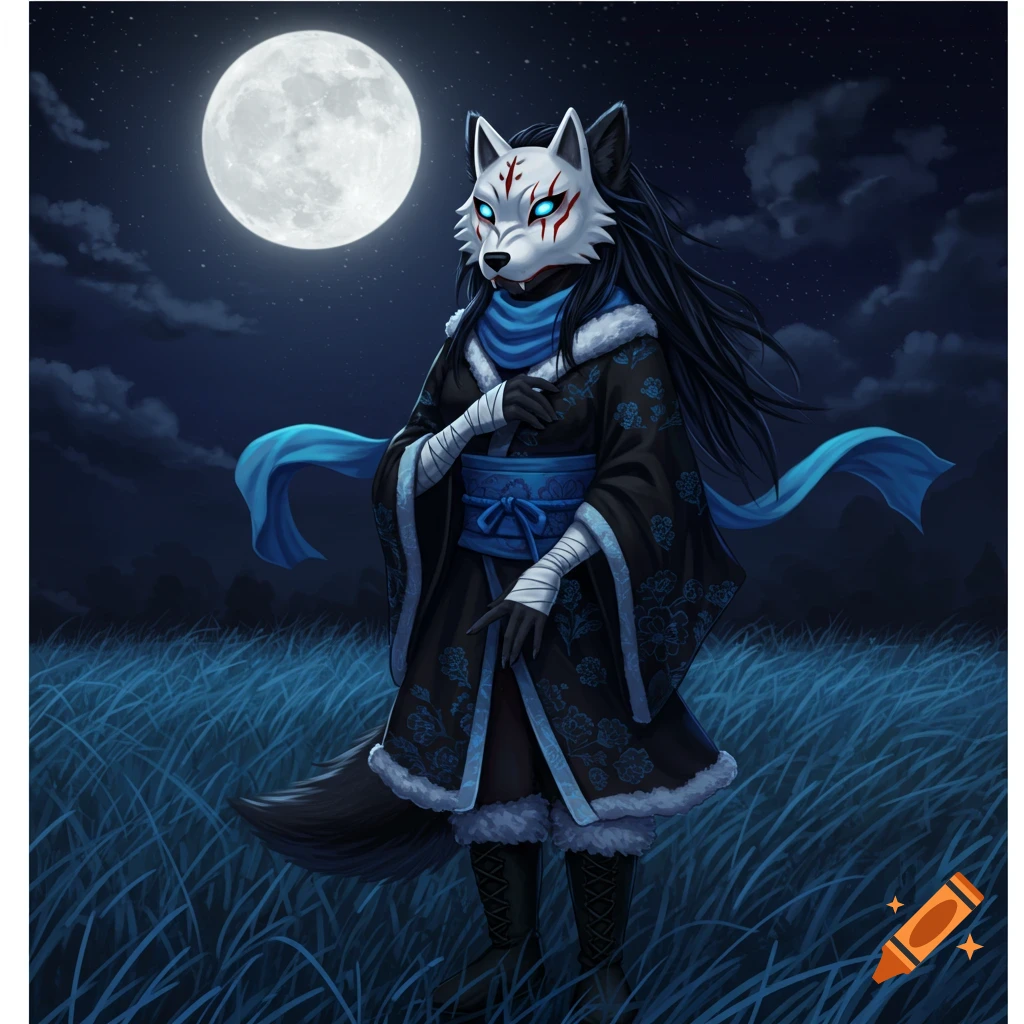 An anthro black wolf character wearing a white mask with blue glowing eyes and a black kimono stands in a field under a full moon.