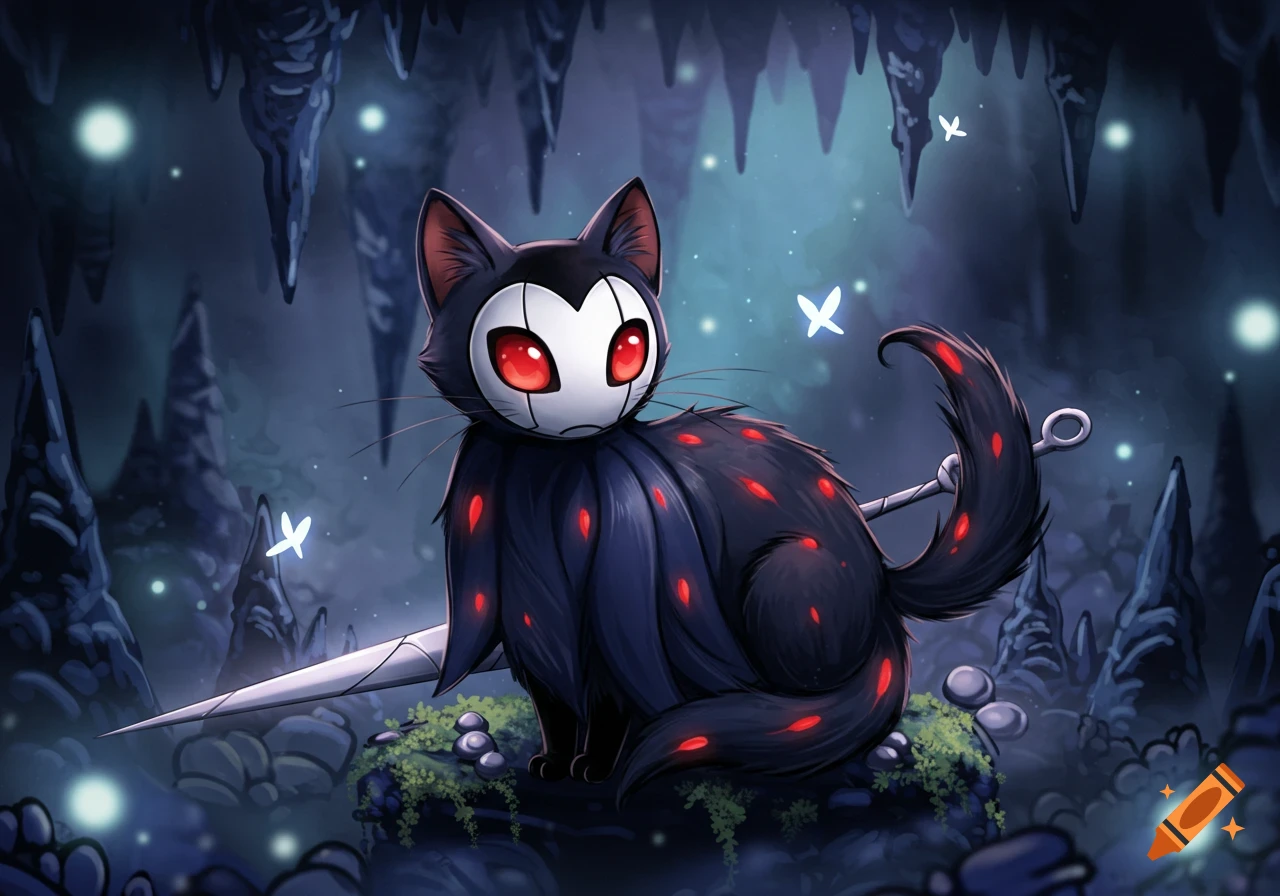 A stylized black cat with a white mask face and glowing red eyes, resembling Grimm from Hollow Knight, sits in a dark, glowing cave.