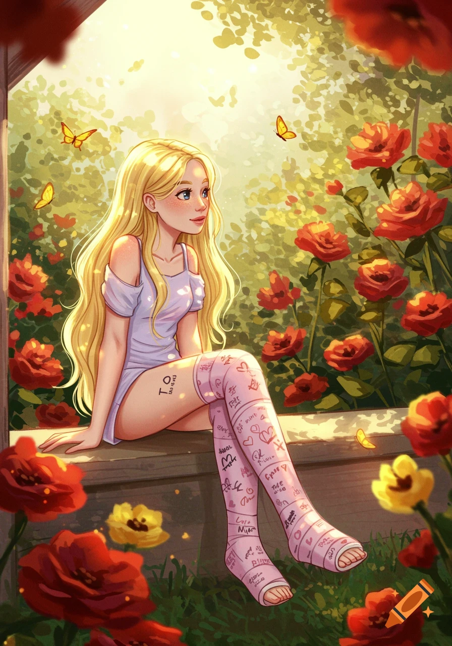 A blonde girl with long pink leg casts sits outdoors among red and yellow roses and butterflies. Whimsical illustration.