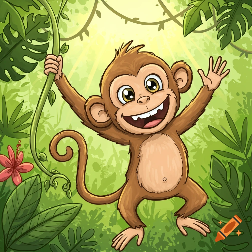 A happy, cartoon monkey with big eyes and a wide smile swings on a vine in a bright green jungle.