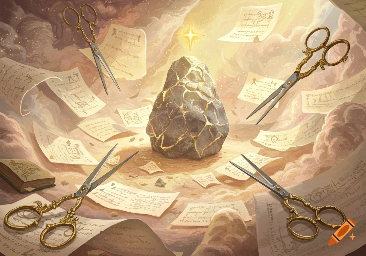 A glowing rock center, surrounded by ornate gold scissors, floating papers with illegible script, and an open book in an ethereal, cloudy landscape, painterly style.