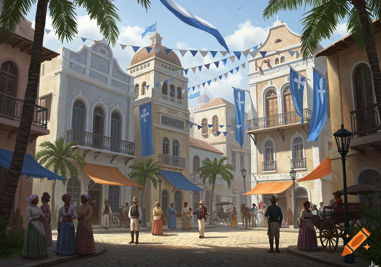 A vibrant illustration of a bustling colonial city street with people, horse-drawn carts, and detailed architecture under a sunny sky.