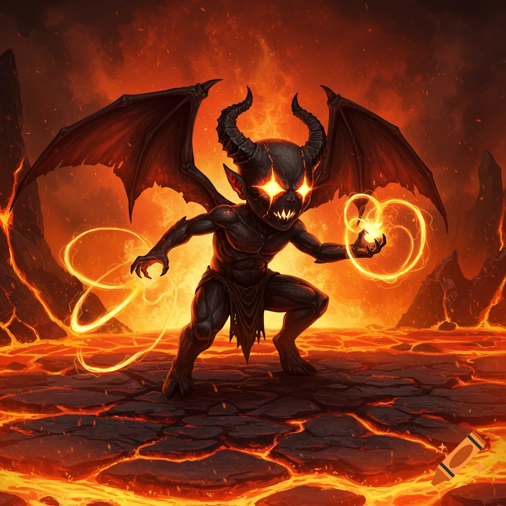 A black imp with glowing eyes and wings stands on cracked ground, surrounded by lava, as it gathers fiery energy in its hand.