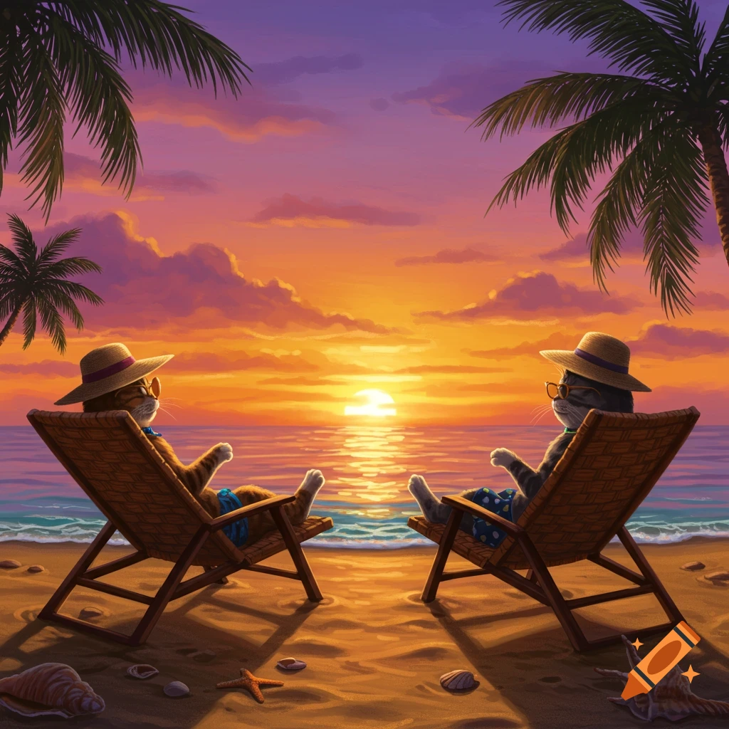Two cats in hats and sunglasses relax in deck chairs on a beach at sunset with palm trees.