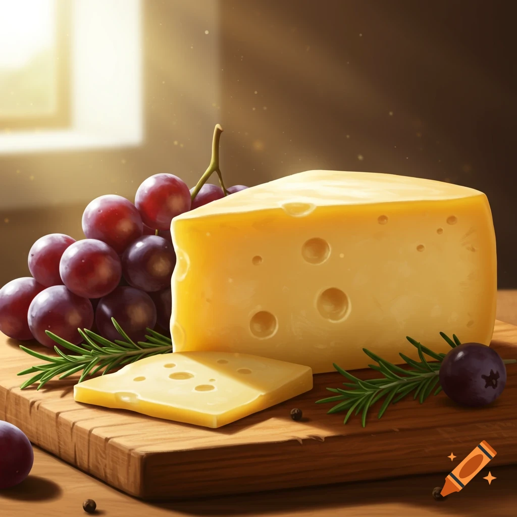 A wedge of cheese and a slice of cheese on a wooden cutting board, with red grapes and rosemary sprigs, illuminated by warm sunlight.