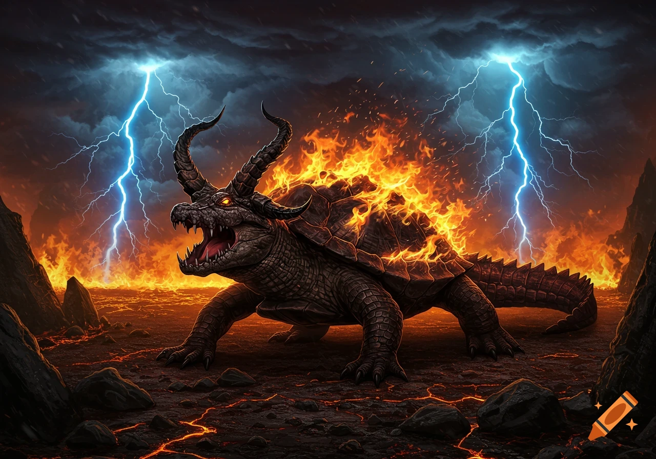 A monstrous horned turtle engulfed in flames stands on fiery, cracked earth under a stormy sky with lightning.