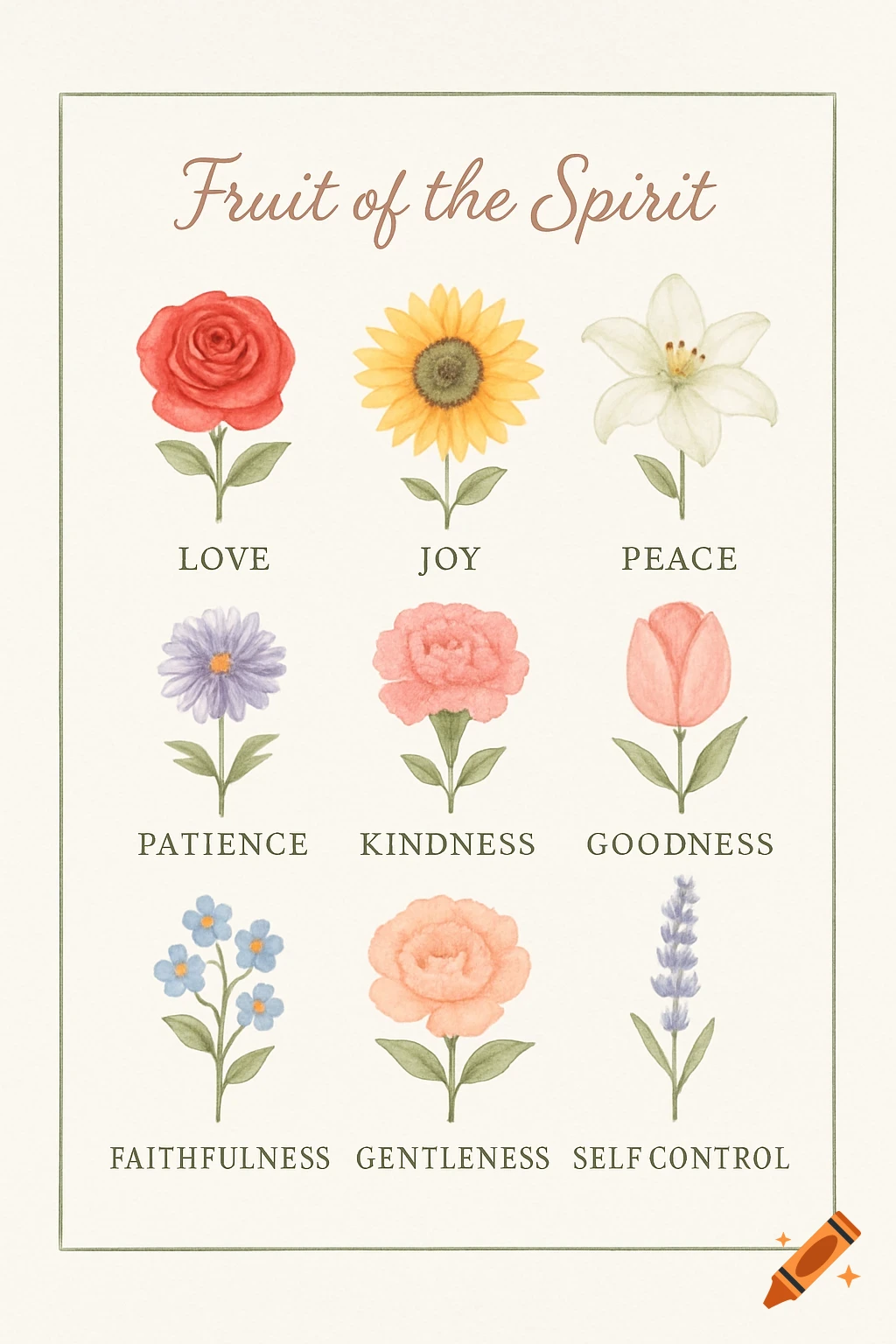 Watercolor illustration of nine different flowers, each labeled with a spiritual quality like love, joy, and peace, titled 'Fruit of the Spirit'.