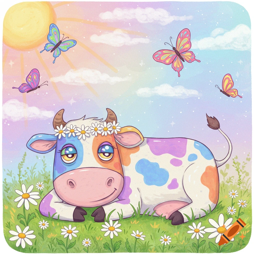 A colorful cartoon cow with a flower crown lies in a field of daisies under a sunny sky with butterflies.