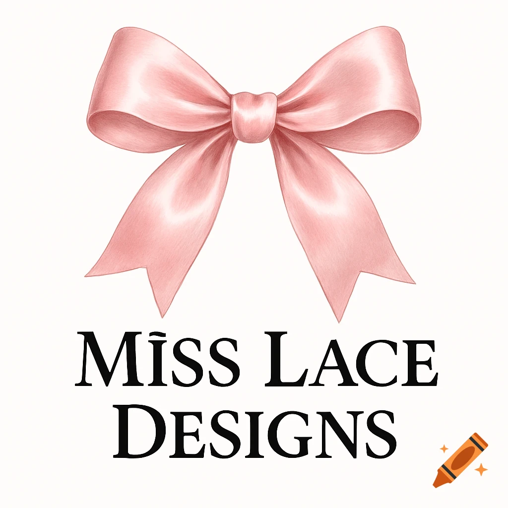 A pink silk bow above the text "Miss Lace Designs" on a white background, in a coquette style.