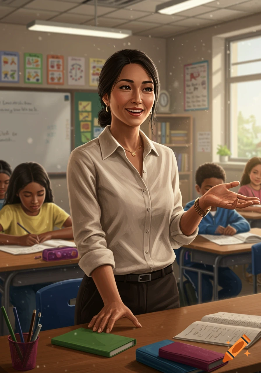 A smiling female teacher gestures in a classroom with students, realistic illustration style.