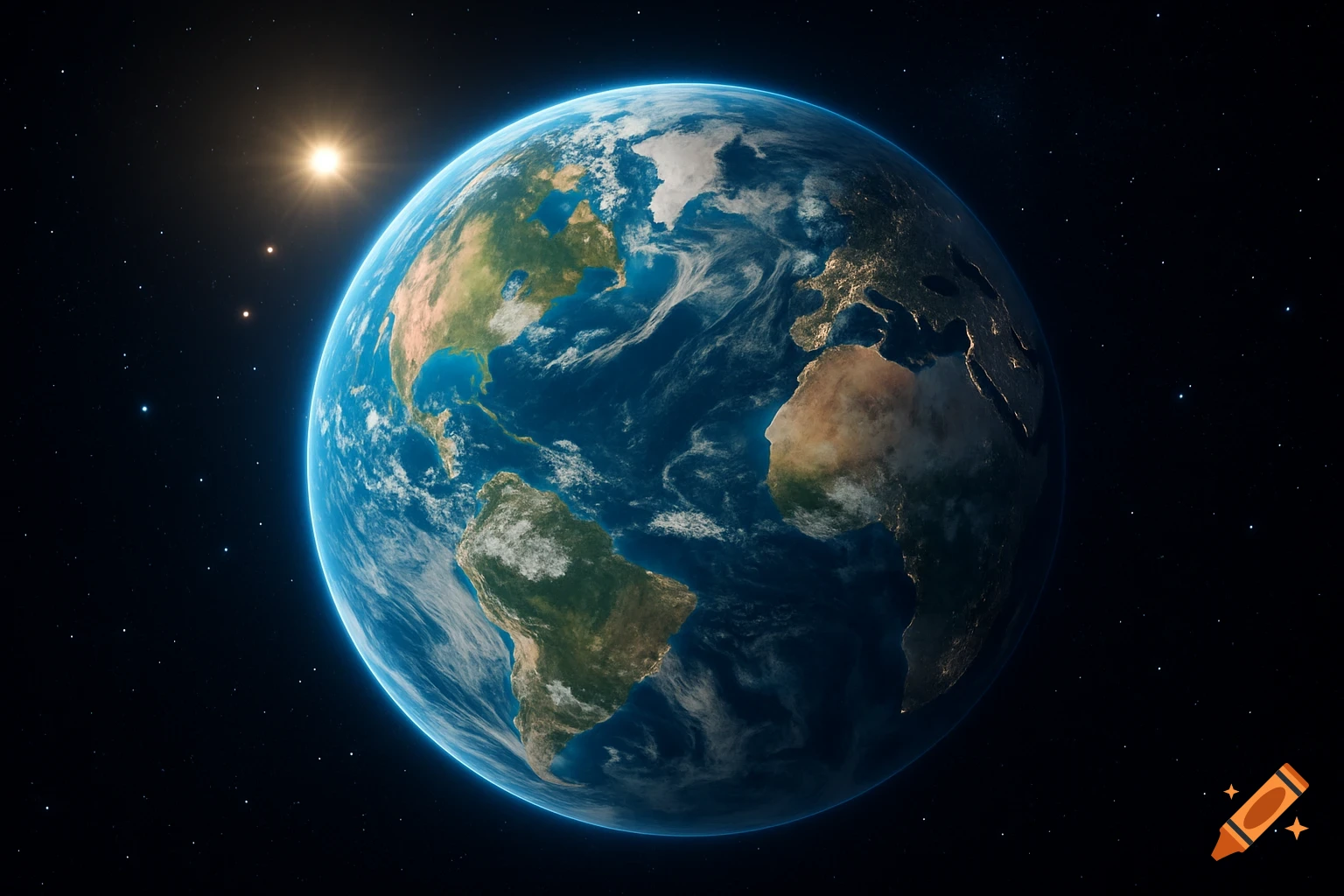 A photorealistic view of Earth from space, showing continents, clouds, and city lights, with the sun shining brightly.