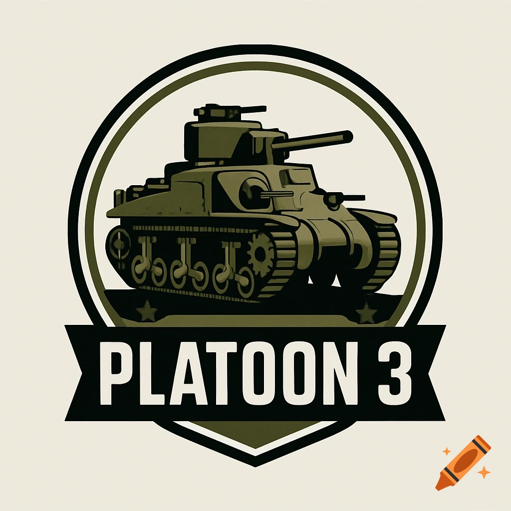 A military-style emblem featuring an olive green M3 Lee tank inside a circular badge, with 'PLATOON 3' on a banner below.