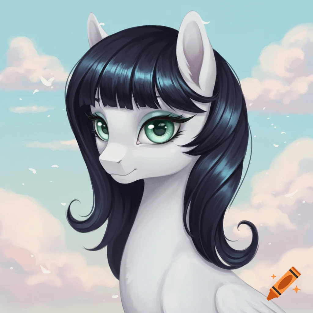 A cartoon pony with white fur, long black hair, and large green eyes looks forward against a cloudy blue sky.