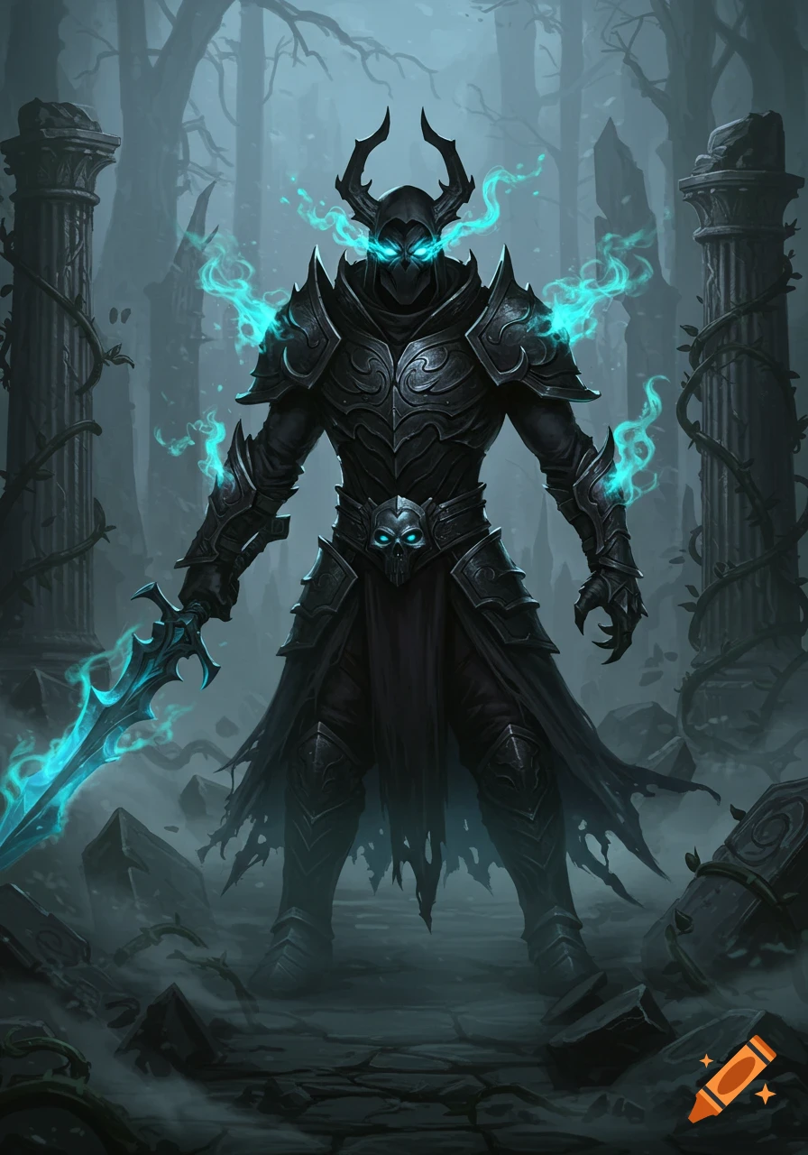 A dark fantasy warrior in black horned armor with glowing blue eyes and a glowing blue sword stands in a ruined, misty forest.