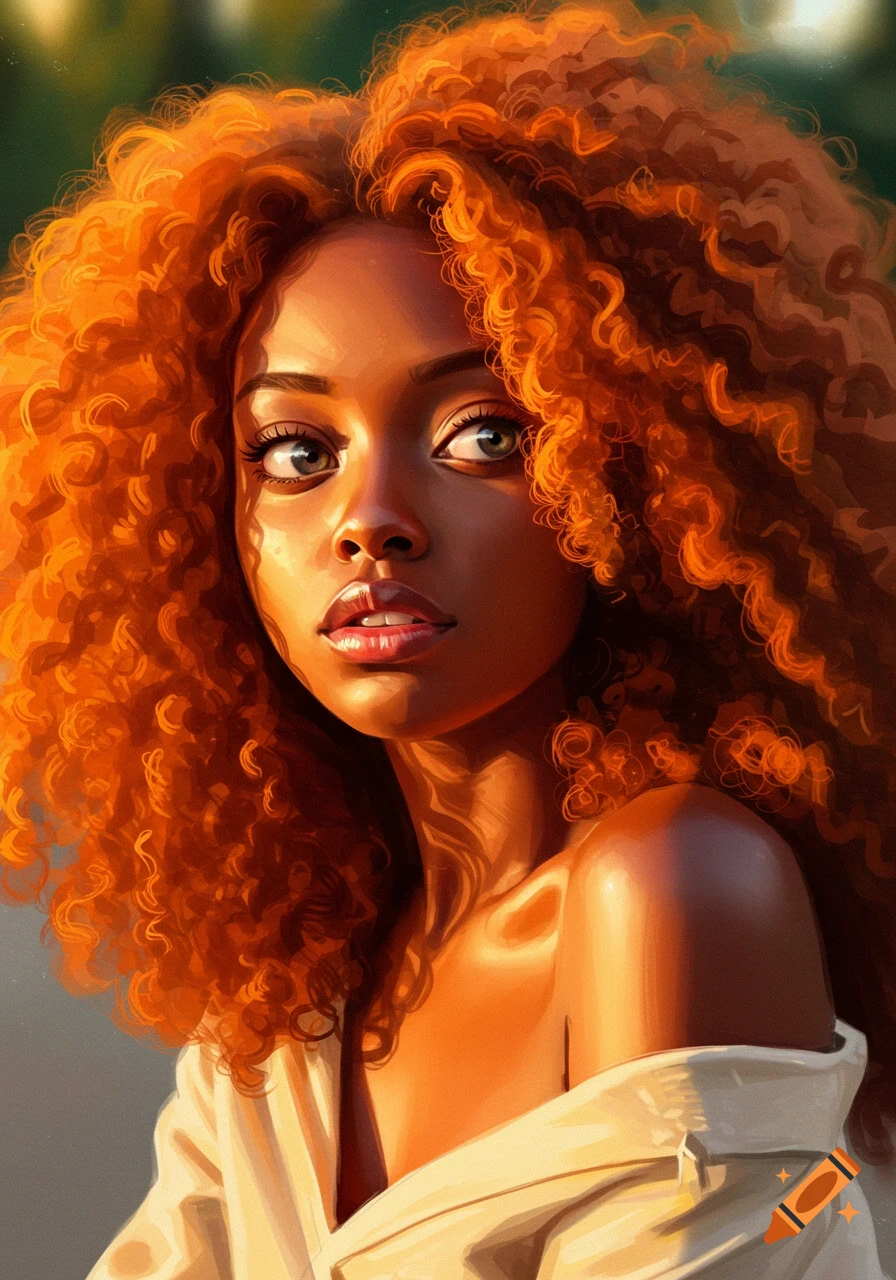Close-up illustration of a light-skinned Black woman with voluminous orange curly hair and light eyes looking upward, bathed in warm golden light.