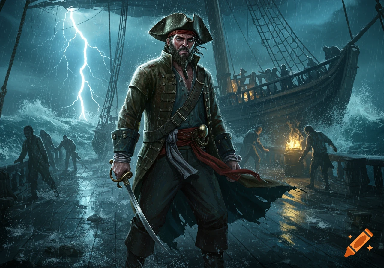 A rugged pirate stands on a ship deck during a stormy night with lightning, surrounded by a panicking crew. Digital painting.