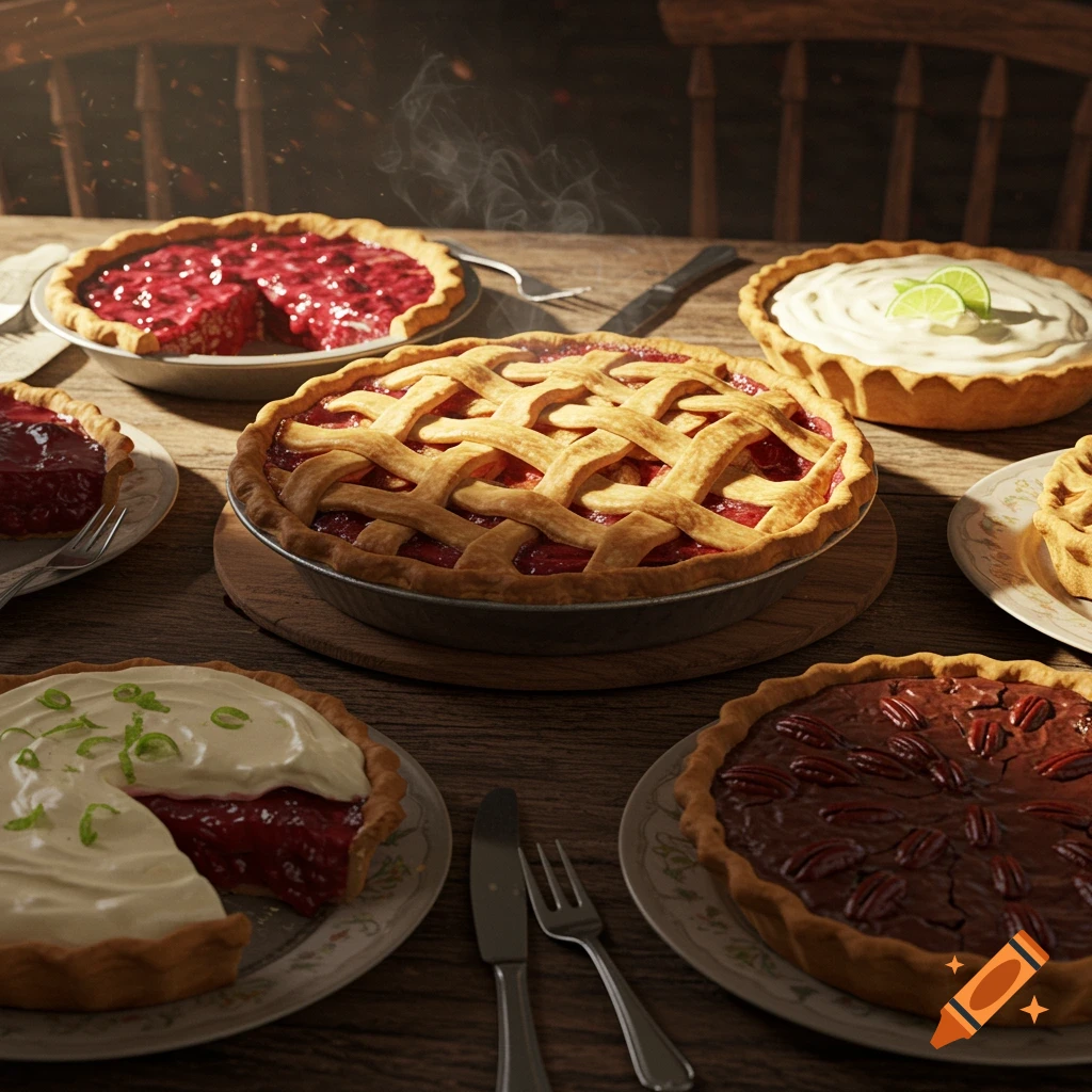 A photorealistic image of various pies, including berry, pecan, and key lime, arranged on a rustic wooden table with utensils.