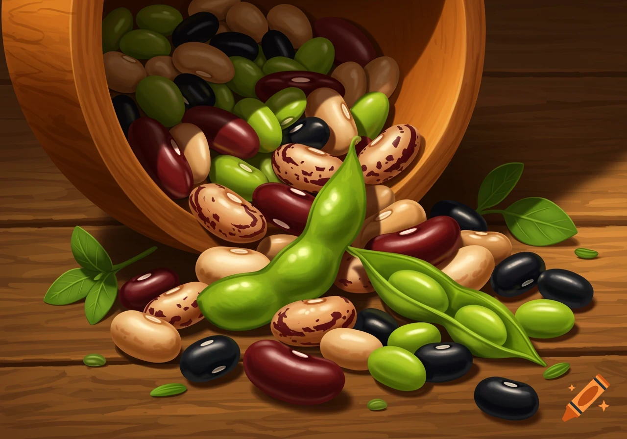 A wooden bowl tipped over, spilling various colorful beans and green pea pods onto a rustic wooden table with dappled sunlight.