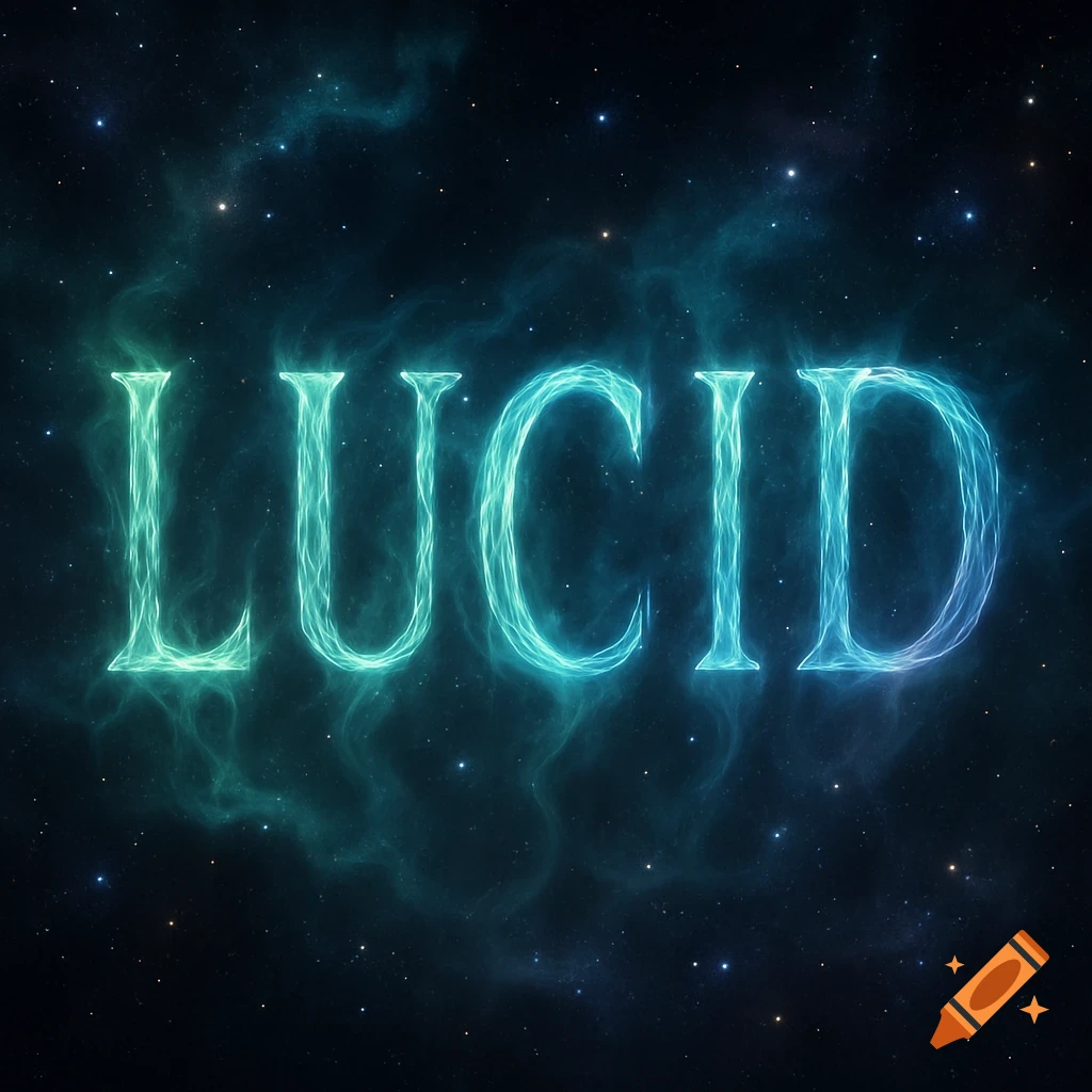 The word LUCID glowing in blue and green against a dark starry space background with nebula clouds.