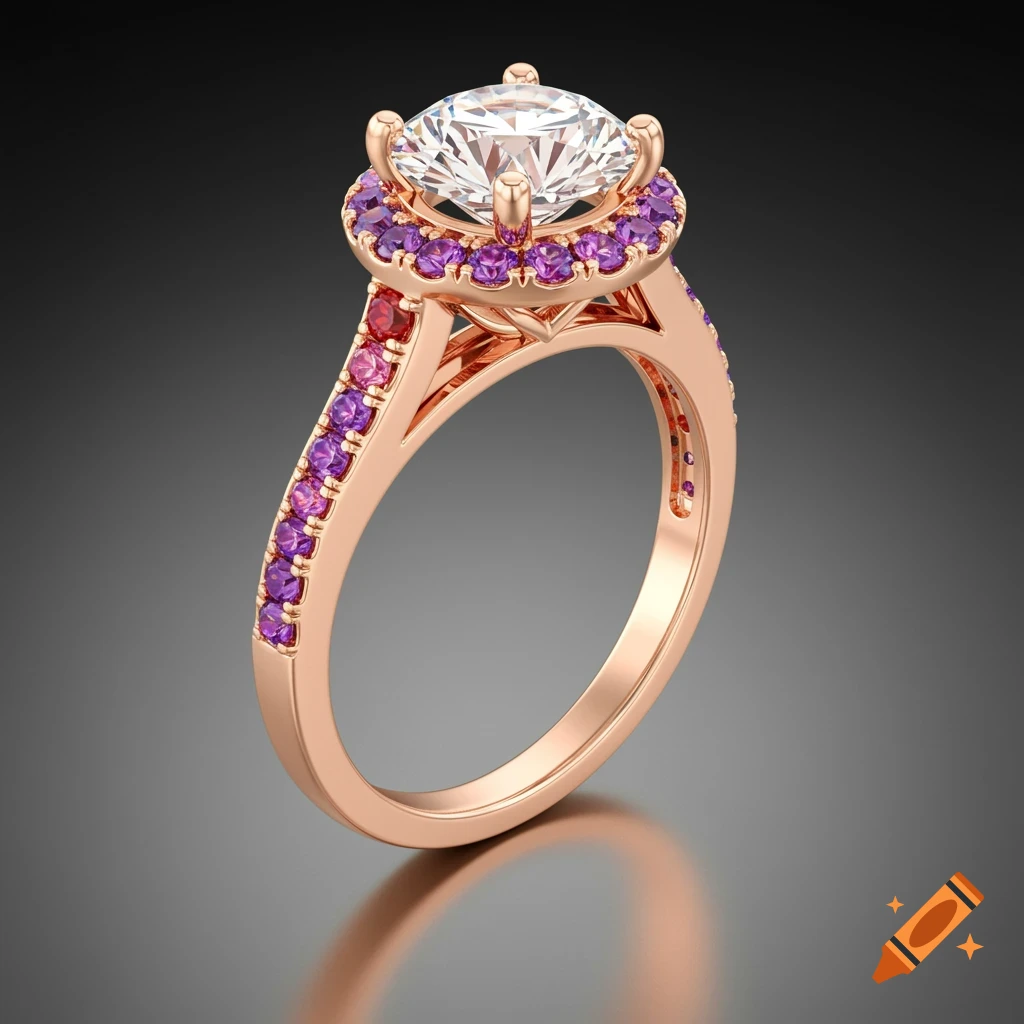 A rose gold ring with a large round brilliant diamond center stone surrounded by a halo of purple and pink sapphires, on a dark gradient background.