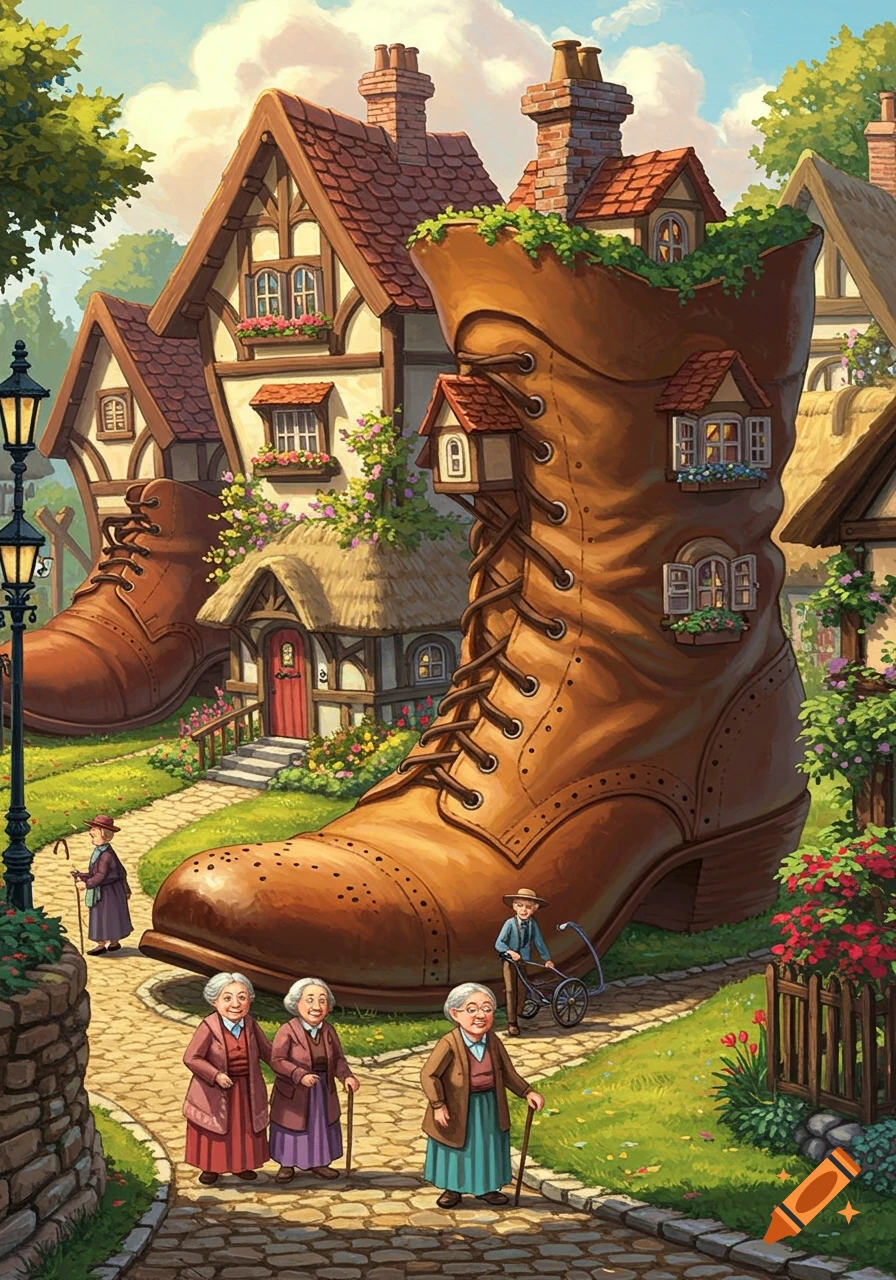 A whimsical illustration of a village with houses shaped like giant brown boots and elderly people walking on a cobblestone path.