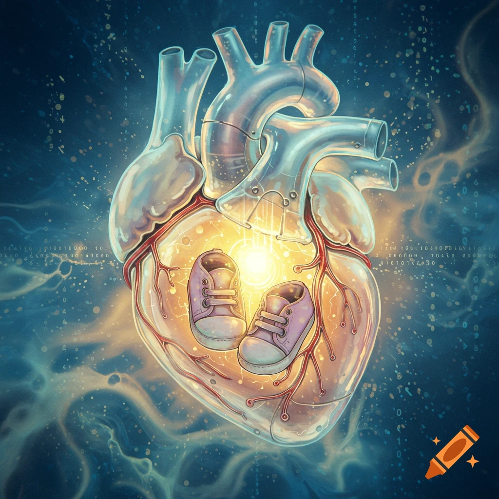 A glowing, translucent human heart, partially metallic, with two purple baby shoes inside, surrounded by digital patterns.