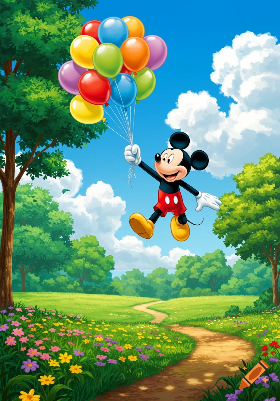 Mickey Mouse cartoon flying high with colorful balloons over a green forest with a flowery meadow and a dirt path.