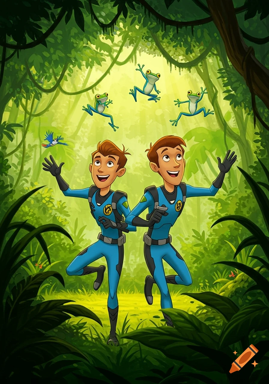 Cartoon illustration of two boys in blue suits reaching up in a vibrant green jungle as frogs leap and a bird flies around them.