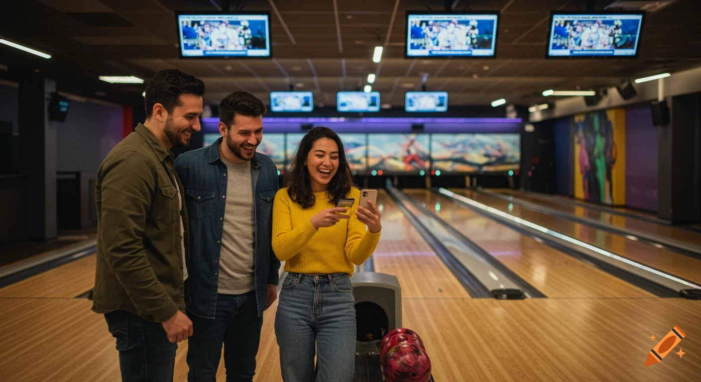 Three friends, two men and one woman, laughing and looking at a smartphone in a brightly lit bowling alley.