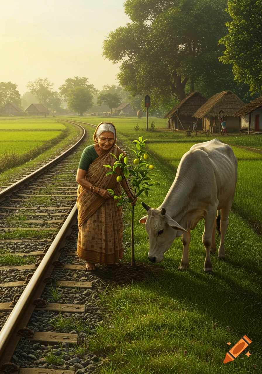 An elderly woman plants a lemon tree beside a rural railway track with a white cow grazing nearby, in a sunny village setting.